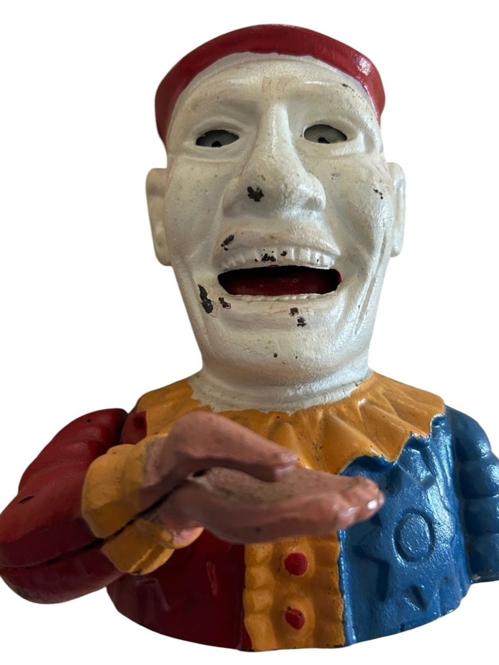 Cast Iron Vintage Animated Clown /Jester Coin Bank